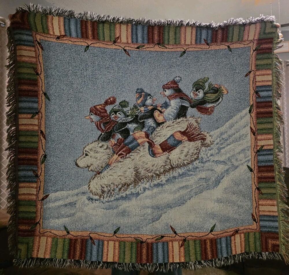 Vintage Woven Tapestry Throw Blanket Bears Penguins In Snow 48” x 52” Winter